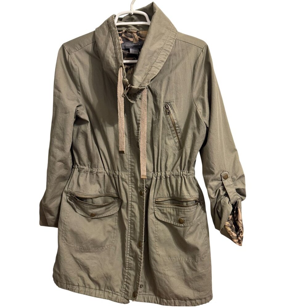 Suzy Shier Womens Khaki Utility Roll-Up Sleeves & Tropical Print Lining Size XS